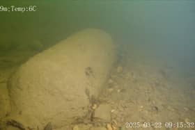 The WW2 bomb found by Adam Makewell and his son Cameron Makewell in the River Ure in Yorkshire.