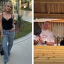 L: Lucy Fallon pictured at the start of April. R: Hanging out with Colson Smith and Ellie Leach yesterday.