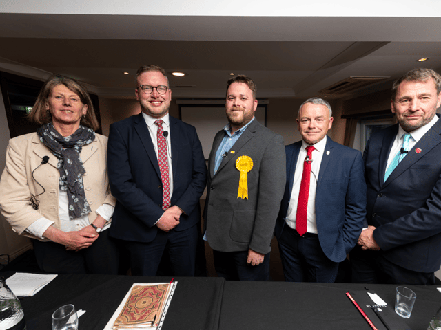 Making the case for their parties were [from left to right]:  County Cllr Gina Dowding, Green Party group leader, LCC;  County Cllr Scott Smith Conservative, lead member for highways and active travel, LCC; John Potter, Liberal Democrats, LCC; County Cllr Matthew Tomlinson, Labour opposition group leader, LCC; Cllr Stephen Atkinson, Reform UK, leader of Ribble Valley Borough Council