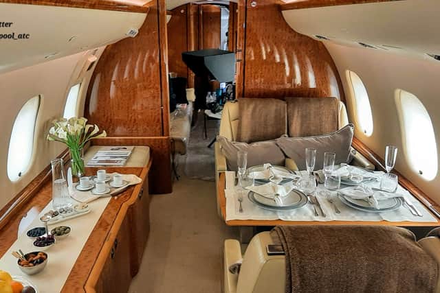 Pictures taken by air traffic control assistant Al Rutter show the inside of the private jet during filming of The Stolen Girl at Blackpool Airport in July 2023