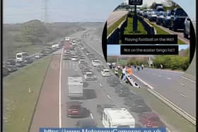 People on social media have been posting videos and images of stranded motorists playing football on the M6