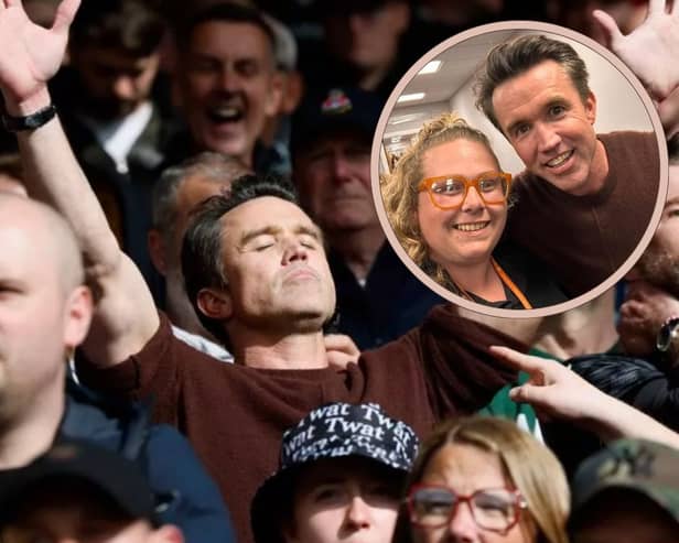 Hollywood star and Wrexham FC co-owner Rob McElhenney was spotted enjoying a pre-match pint in a local pub before joining fans in the stands at Bloomfield Road yesterday.