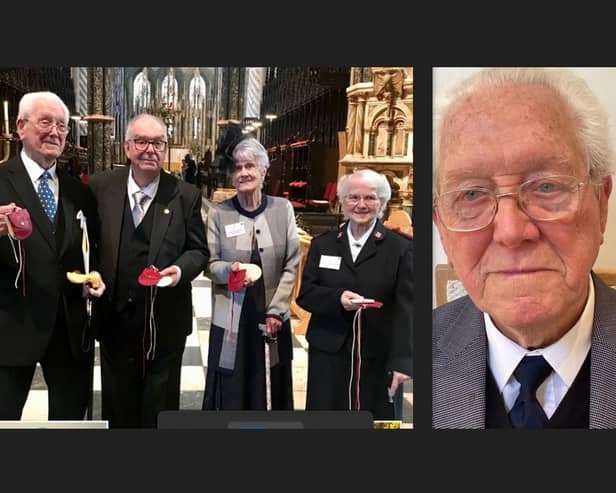 Tom Pilkinton (pictured far left with the group) and right, by himself, was presented with the Maundy Money by King Charles III