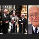 Tom Pilkinton (pictured far left with the group) and right, by himself, was presented with the Maundy Money by King Charles III