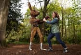 Helena Mellenchip, willow sculpture artist with one of her 'boxing hares' on display at Lytham Hall.