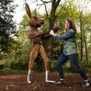 Helena Mellenchip, willow sculpture artist with one of her 'boxing hares' on display at Lytham Hall.