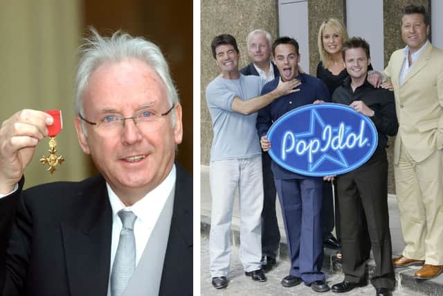 L: Pete recieveing his OBE in 2005. R: With the oherr judges (including Simon Cowell) and presenters of Pop Idol in 2003.