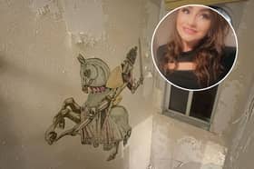 This is the 38-year-old  hand-painted mural along the staircase found behind wallpaper at a house in the Stanley Park area of Blackpool by Chantelle Audin