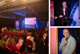 Left: the audience at the Blackpool Comedy Festival launch. Top right: Ryan Gleeson. Bottom right: Ged Mills.