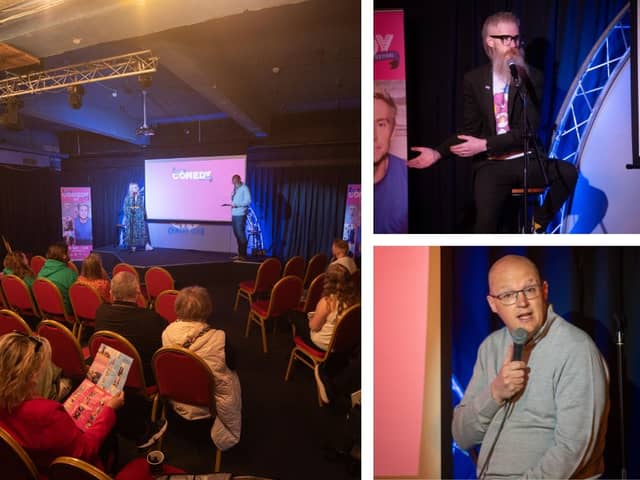 Left: the audience at the Blackpool Comedy Festival launch. Top right: Ryan Gleeson. Bottom right: Ged Mills.