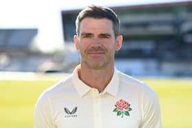 James Anderson of Lancashire poses for a portrait during the Lancashire CCC photocall at Emirates Old Trafford on April 01, 2025.