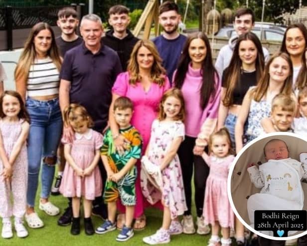 Main image: the Radford family pictured in 2023. Inset: the newest addition, Bodhi Reign.