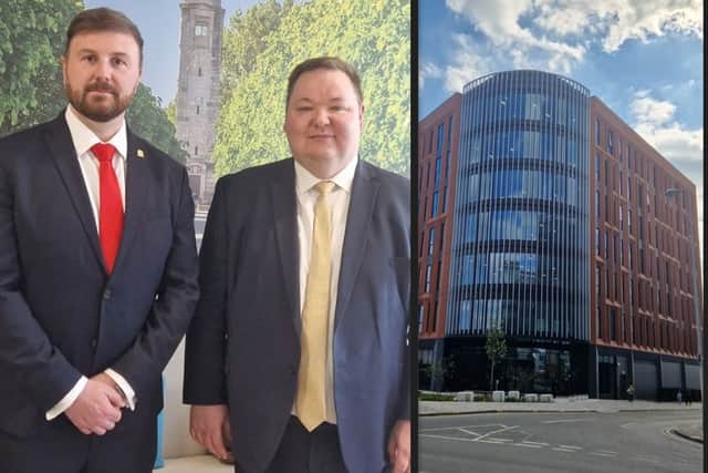 Blackpool South MP Chris Webb, minister Andrew Western and the state-of-the art DWP building