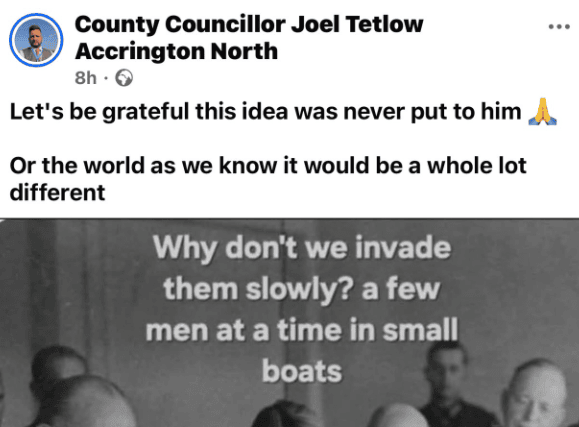 The post on County Cllr Joel Tetlow's Facebook page has come in for strong criticism