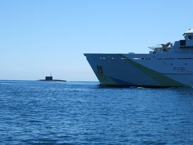 A “secret weapon” is being developed and could be used by Royal Navy technicians to search for Russian submarines. Pictured: HMS Tyne with Russian Kilo-class submarine Krasnodar in the background.