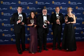 L to R: Gareth Knowles, Kelly Crawford, Richard Frediani, Liam Blyth and Caroline Turner pose with the News Coverage Award for 'BBC Breakfast: Post Office Special' at the 2025 BAFTA Television Awards 2025.