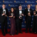 L to R: Gareth Knowles, Kelly Crawford, Richard Frediani, Liam Blyth and Caroline Turner pose with the News Coverage Award for 'BBC Breakfast: Post Office Special' at the 2025 BAFTA Television Awards 2025.