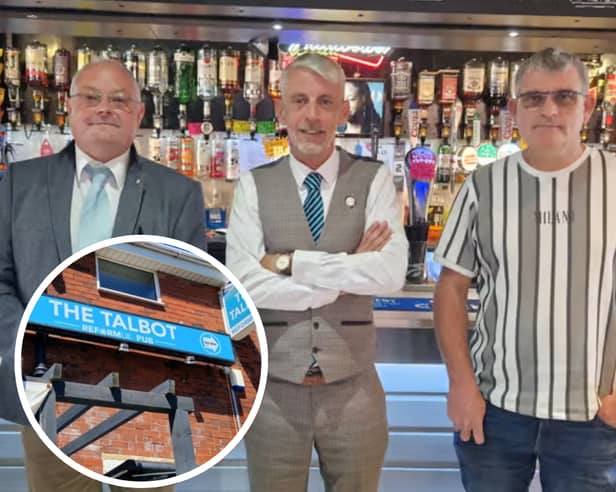 Left to right: Pete Flynn, Co-owner, Mark Butcher, Chairman of Blackpool & Fleetwood Reform UK, Nick Lowe, Landlord and inset The UK's first Reform UK pub The Talbot