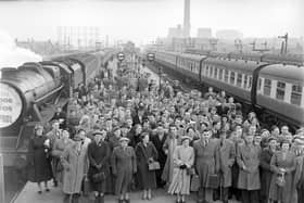 Guests arrive at Blackpool Central Station for the town's biggest ever party which will be held at the Winter Gardens  by Dutch multi-millionaire Barnhard Van Leer to celebrate his 71st birthday. The 2000 British workers and their guests attended a variety show in the afternoon prior to the evening party. 