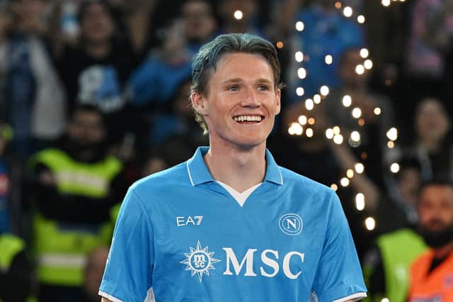 Scott McTominay of Napoli celebrates following his team's victory in the Serie A match between Napoli and Cagliari at Stadio Diego Armando Maradona on May 23, 2025 in Naples, Italy.