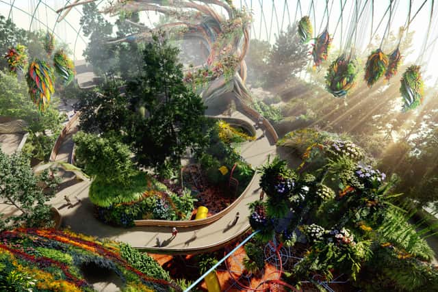 Concept art of aerial view of The Realm of the Sun Eden Project Morecambe