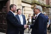 New Lancashire County Council leader Stephen Atkinson welcomes Nigel Farage to County Hall in Preston
