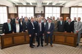 Reform UK leader Nigel Farage [front, centre], pictured with the party's new administration in control of Lancashire County Council 
