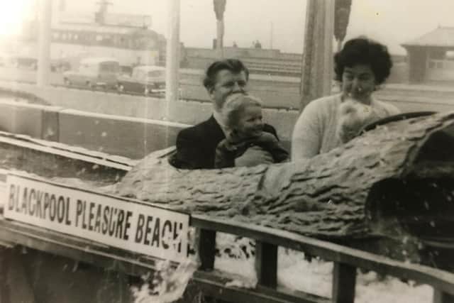 Kate Shane with her father on the log flume at Blackpool Pleasure Beach circa 1971