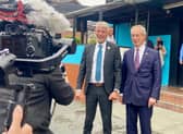 Leader of Reform UK, Nigel Farage with Reform UK Chairman for Blackpool & Fleetwood branch, Mark Butcher outside the newly rebranded Reform UK pub, The Talbot.