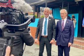 Leader of Reform UK, Nigel Farage with Reform UK Chairman for Blackpool & Fleetwood branch, Mark Butcher outside the newly rebranded Reform UK pub, The Talbot.