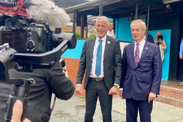 Leader of Reform UK, Nigel Farage with Reform UK Chairman for Blackpool & Fleetwood branch, Mark Butcher outside the newly rebranded Reform UK pub, The Talbot.