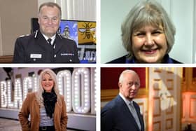 Top left clockwise: Stephen Watson QPM; Julie Bell; King Charles III and  Kathryn Shane.