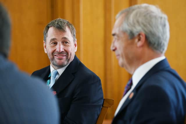 County Cllr Stephen Atkinson and Nigel Farage during an event at Count Hall