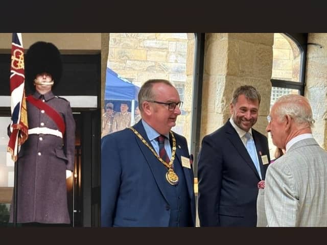 Alf Clempson  as a member of the Scots Guards (left) and meeting King Charles III in Lancaster earlier this month