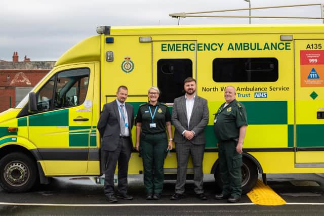 MP Chris Webb with North West ambulance staff as new NHS plans for Blackpool were announced