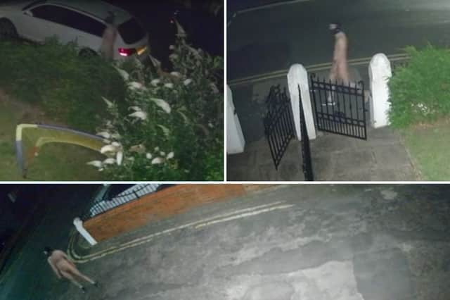 The bizarre sight was captured on doorbell cameras as he casually strolled past homes in Lytham around 1am on Friday, July 18