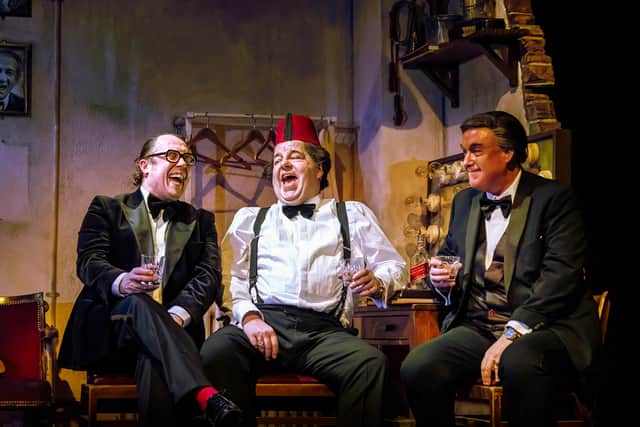 A scene from The Last Laugh featuring Bob Golding (Eric Morecambe), Damian Williams (Tommy Cooper) and Simon Cartwright (Bob Monkhouse).