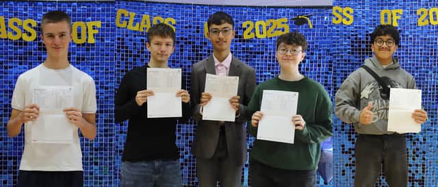 Blackpool's St Mary's Catholic Academy pupils (left to right) Elliot, Reece, Michel, Esme and Lourd who are just a few of the
Academy’s high fliers achieving 33 GCSEs at grade 7 or better including 23 grade 8s, 2 grade 9s and 2
Distinction/Distinction* grades in 2025.