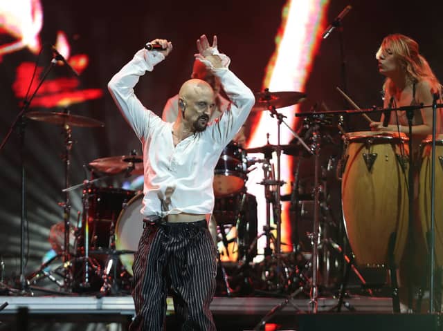  Tim Booth, lead singer of the band James, performs on the Sunset Stage as part of the Rock In Rio Festival at Cidade do Rock on September 14, 2024