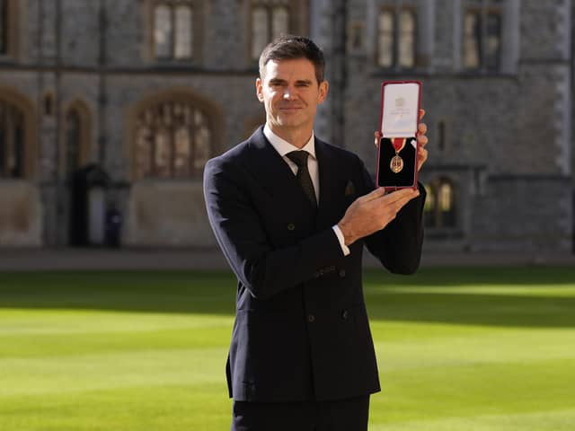 Sir James Anderson  after he was made an Officer of the Order of the British Empire by Princess Anne at Windsor Castle on October 28, 2025.