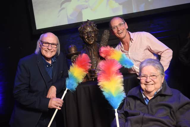 Mick Miller helped unveil the Ken Dodd sculpture at the Grand Theatre in 2022: here he is pictured with fellow comedians Steve Royle and Johnnie Casson.