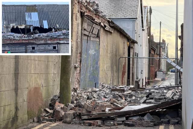 The roof of this building off Haig Road has collapsed due to the effects of Storm Dave.