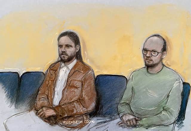 Court artist drawing by Elizabeth Cook of Jamie Varley, 36 (left) sits in the dock at Preston Crown Court where he is accused of the murder and sexual assault of 13-month-old Preston Davey in 2023, whilst in he was in the process of adopting the child along with co-accused John McGowan-Fazakerley, 31, (right). Picture date: Monday April 20, 2026. PA Photo.Varley is accused of murder, manslaughter, two counts of assault by penetration of a child, five counts of child cruelty, one count of inflicting grievous bodily harm, and one count of sexual assault of a child. He is further accused of 10 counts of taking indecent photographs of a child, one count of distributing indecent photographs of a child, two counts of possessing indecent pseudo images of a child, and one count of possession of an extreme pornographic image. McGowan-Fazakerley is charged with allowing the death of a child, as well as two counts of child cruelty and one count of sexual assault of a child. Photo credit should read: Elizabeth Cook/PA Wire