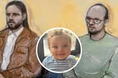 Court artist drawing by Elizabeth Cook of Jamie Varley, 36 (left) sits in the dock at Preston Crown Court where he is accused of the murder and sexual assault of 13-month-old Preston Davey (inset) in 2023, whilst in he was in the process of adopting the child along with co-accused John McGowan-Fazakerley, 31, (right). Picture date: Monday April 20, 2026. PIC: Elizabeth Cook/PA Wire