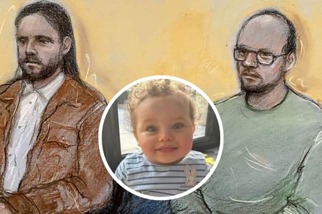 Court artist drawing by Elizabeth Cook of Jamie Varley, 36 (left) sits in the dock at Preston Crown Court where he is accused of the murder and sexual assault of 13-month-old Preston Davey (inset) in 2023, whilst in he was in the process of adopting the child along with co-accused John McGowan-Fazakerley, 31, (right). Picture date: Monday April 20, 2026. PIC: Elizabeth Cook/PA Wire