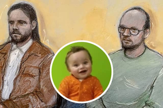 Court artist drawing by Elizabeth Cook of Jamie Varley, 36 (left) sits in the dock at Preston Crown Court where he is accused of the murder and sexual assault of 13-month-old Preston Davey (inset) in 2023, whilst in he was in the process of adopting the child along with co-accused John McGowan-Fazakerley, 31, (right). 