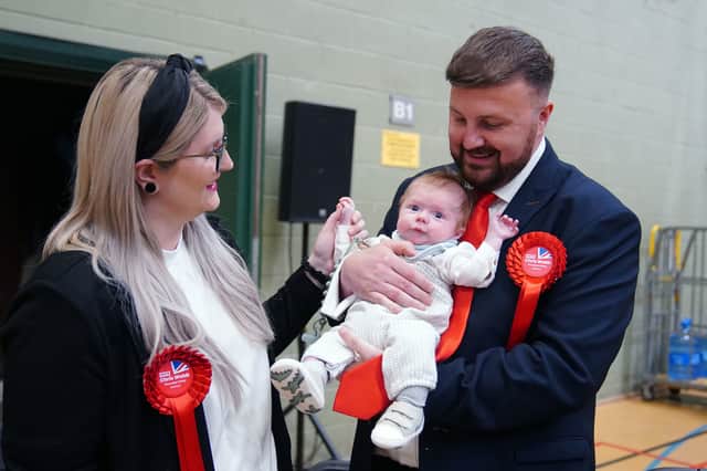 Blackpool South MP Chris Webb with his wife and son after winning the Blackpool South parliamentary seat with the third biggest swing from the Conservatives to Labour at a by-election since the Second World War.