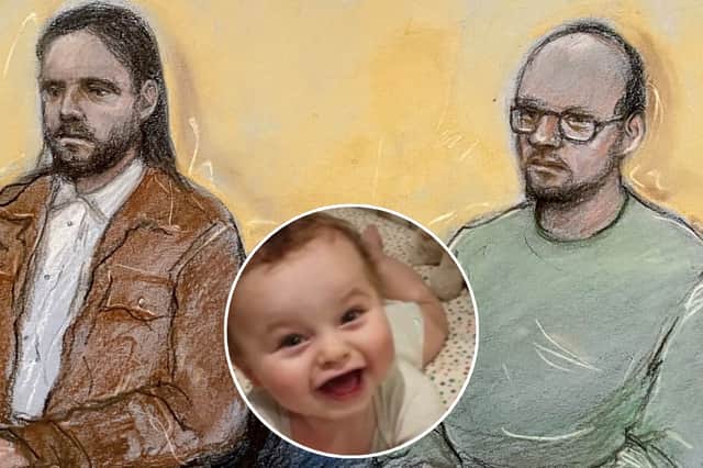 Court artist drawing by Elizabeth Cook of Jamie Varley, 36 (left) sits in the dock at Preston Crown Court where he is accused of the murder and sexual assault of 13-month-old Preston Davey (inset) in 2023, whilst in he was in the process of adopting the child along with co-accused John McGowan-Fazakerley, 31, (right). PIC Elizabeth Cook/PA Wire | PA