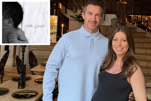Main image: Nikki Sanderson and Anthony Quinlan in March. Inset: Their newborn baby boy.