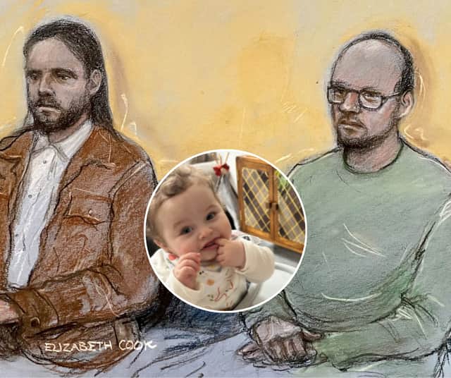 Court artist drawing by Elizabeth Cook of Jamie Varley, 36 (left) sits in the dock at Preston Crown Court where he is accused of the murder and sexual assault of 13-month-old Preston Davey (inset) in 2023, whilst in he was in the process of adopting the child along with co-accused John McGowan-Fazakerley, 31, (right). | PIC Elizabeth Cook/PA Wire | PA